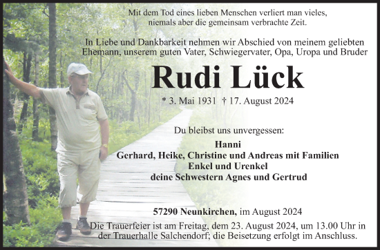 Traueranzeige von Rudi Lück von Siegener Zeitung