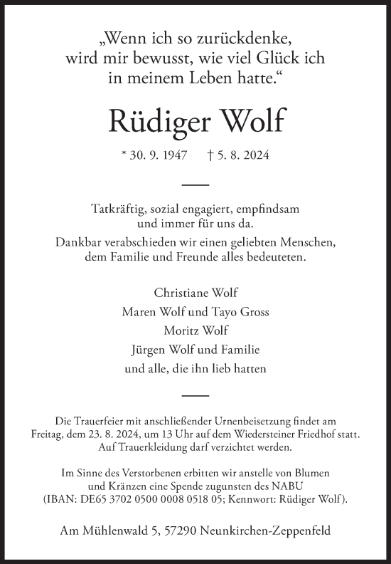 Traueranzeige von Rüdiger Wolf von Siegener Zeitung