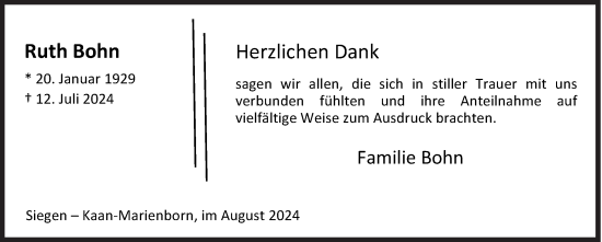 Traueranzeige von Ruth Bohn von Siegener Zeitung