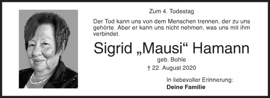 Traueranzeige von Sigrid Hamann von Siegener Zeitung