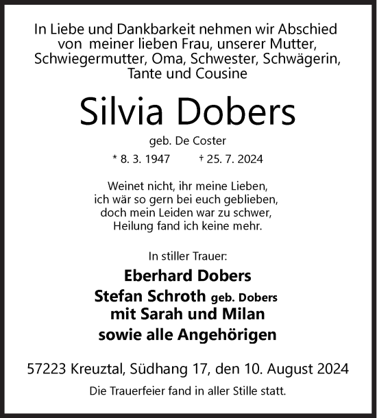 Traueranzeige von Silvia Dobers von Siegener Zeitung