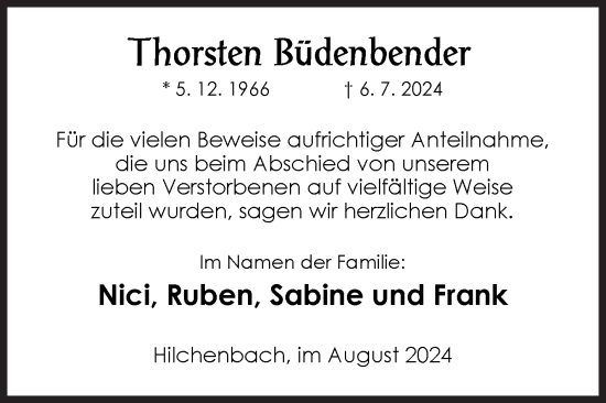 Traueranzeige von Thorsten Büdenbender von Siegener Zeitung