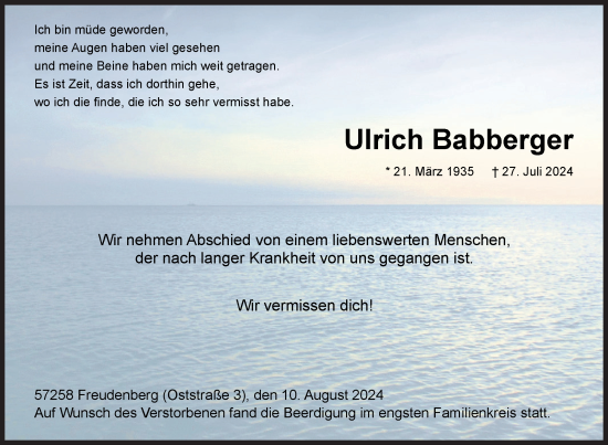 Traueranzeige von Ulrich Babberger von Siegener Zeitung