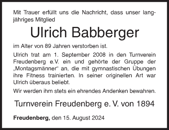 Traueranzeige von Ulrich Babberger von Siegener Zeitung