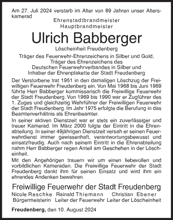 Traueranzeige von Ulrich Babberger von Siegener Zeitung