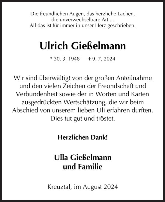 Traueranzeige von Ulrich Gießelmann von Siegener Zeitung