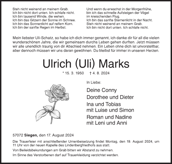 Traueranzeige von Ulrich Marks von Siegener Zeitung
