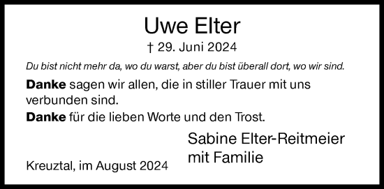 Traueranzeige von Uwe Elter von Siegener Zeitung