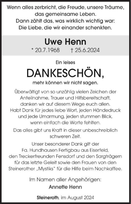 Traueranzeige von Uwe Henn von Siegener Zeitung