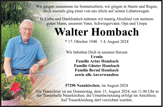 Traueranzeige von Walter Hombach von Siegener Zeitung