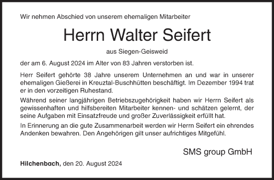 Traueranzeige von Walter Seifert von Siegener Zeitung