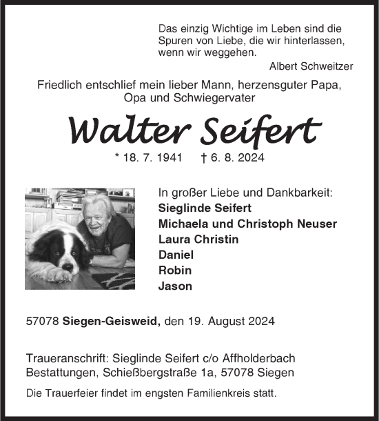 Traueranzeige von Walter Seifert von Siegener Zeitung