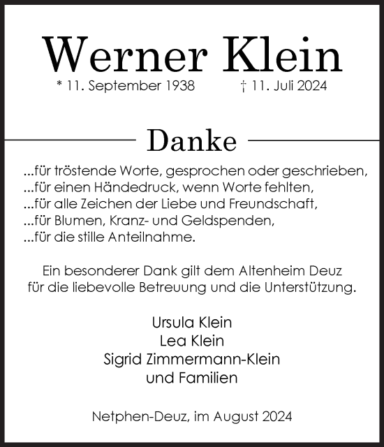 Traueranzeige von Werner Klein von Siegener Zeitung