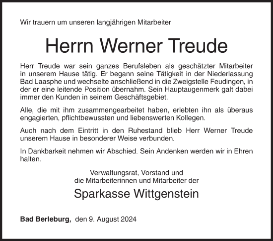 Traueranzeige von Werner Treude von Siegener Zeitung