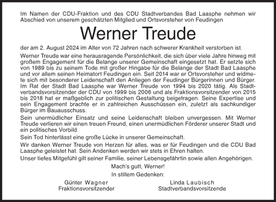 Traueranzeige von Werner Treude von Siegener Zeitung