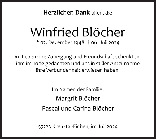 Traueranzeige von Winfried Blöcher von Siegener Zeitung