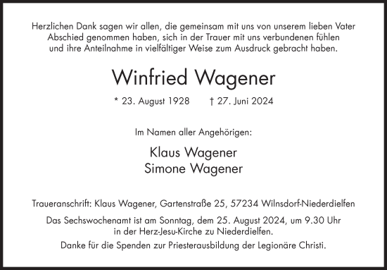 Traueranzeige von Winfried Wagener von Siegener Zeitung