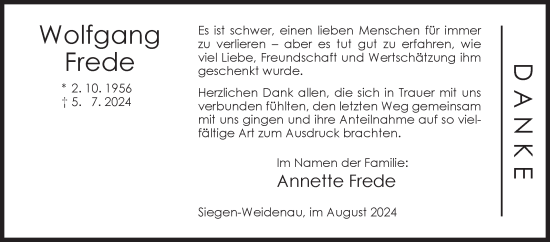 Traueranzeige von Wolfgang Frede von Siegener Zeitung