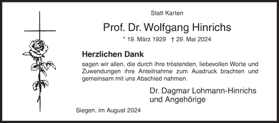 Traueranzeige von Wolfgang Hinrichs von Siegener Zeitung