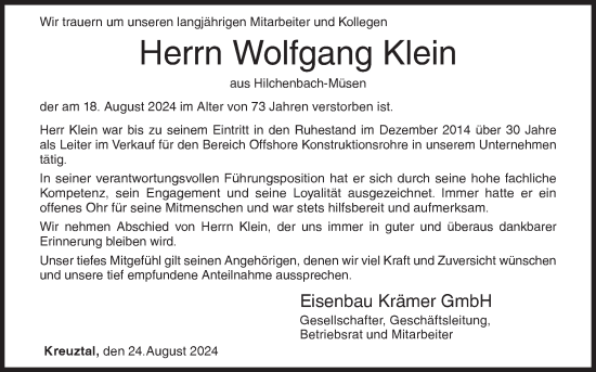 Traueranzeige von Wolfgang Klein von Siegener Zeitung