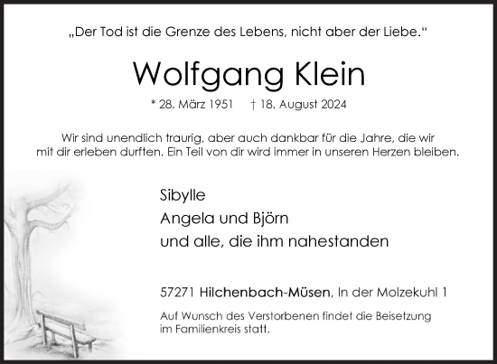 Traueranzeige von Wolfgang Klein von Siegener Zeitung