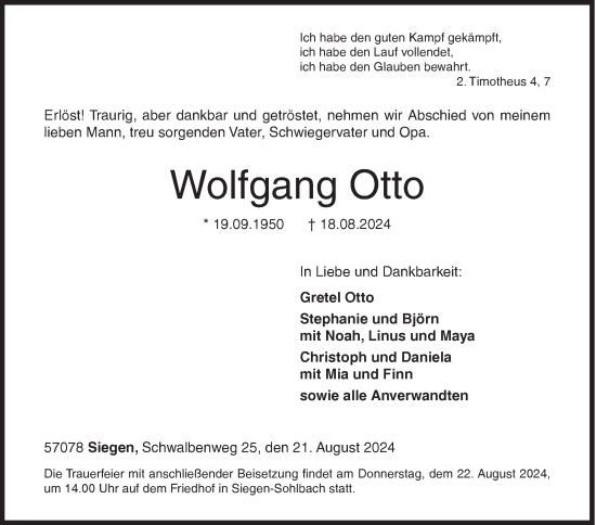 Traueranzeige von Wolfgang Otto von Siegener Zeitung