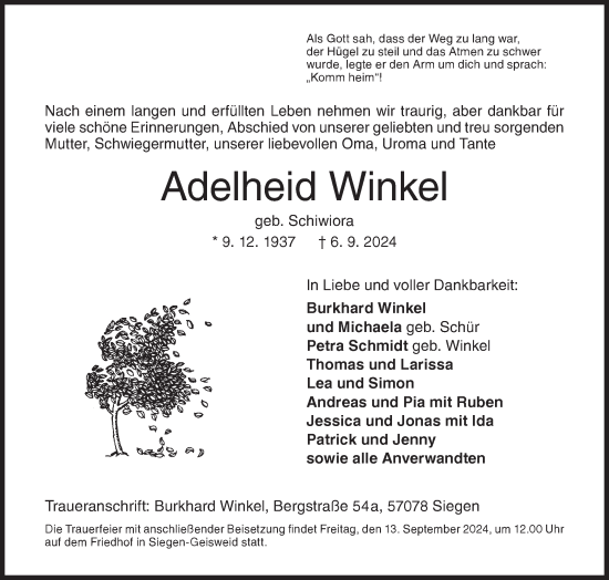 Traueranzeige von Adelheid Winkel von Siegener Zeitung