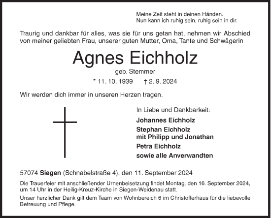 Traueranzeige von Agnes Eichholz von Siegener Zeitung