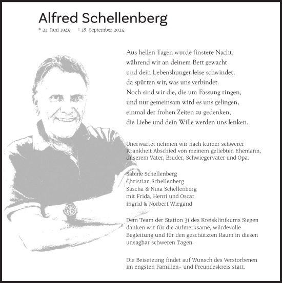 Traueranzeige von Alfred Schellenberg von Siegener Zeitung