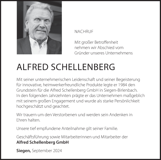 Traueranzeige von Alfred Schellenberg von Siegener Zeitung