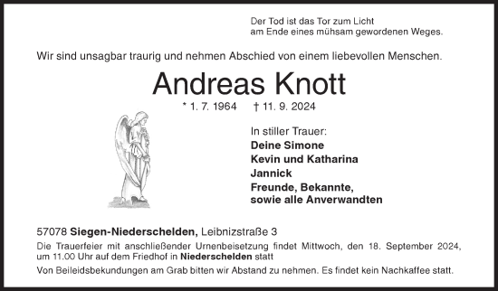 Traueranzeige von Andreas Knott von Siegener Zeitung