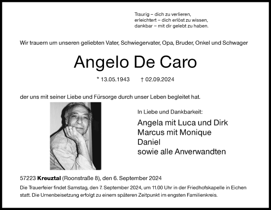 Traueranzeige von Angelo De Caro von Siegener Zeitung