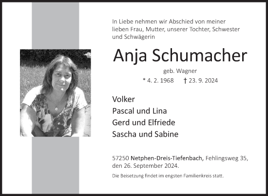 Traueranzeige von Anja Schumacher von Siegener Zeitung