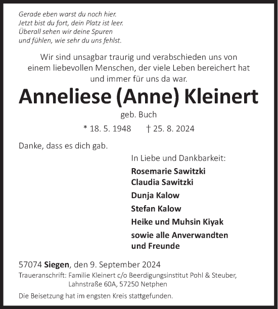 Traueranzeige von Anneliese  Kleinert von Siegener Zeitung