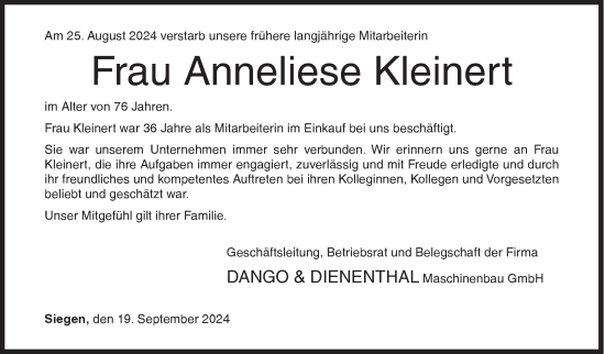 Traueranzeige von Anneliese  Kleinert von Siegener Zeitung
