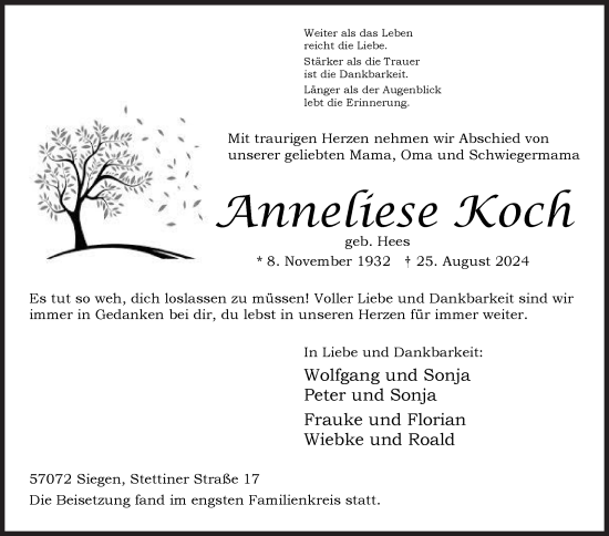 Traueranzeige von Anneliese Koch von Siegener Zeitung