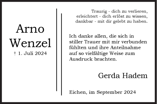 Traueranzeige von Arno Wenzel von Siegener Zeitung