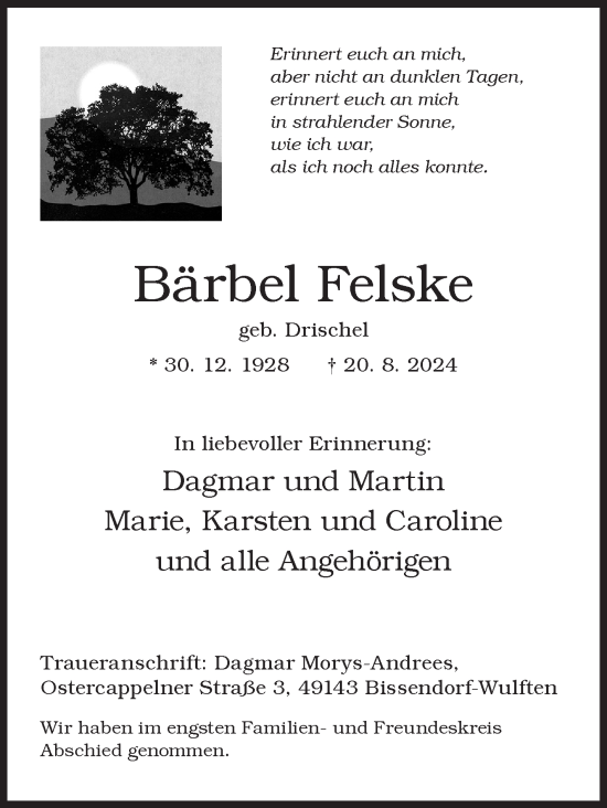 Traueranzeige von Bärbel Felske von Siegener Zeitung