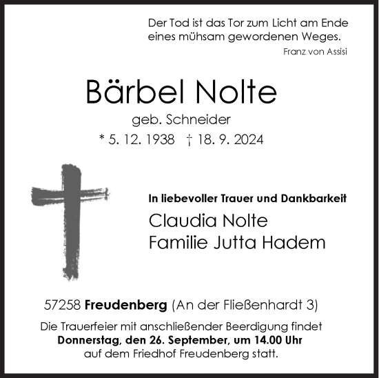 Traueranzeige von Bärbel Nolte von Siegener Zeitung