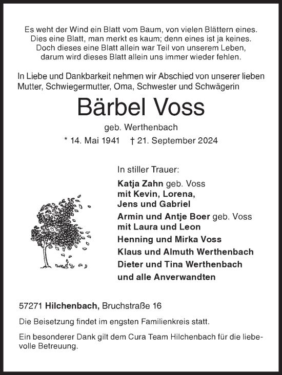 Traueranzeige von Bärbel Voss von Siegener Zeitung