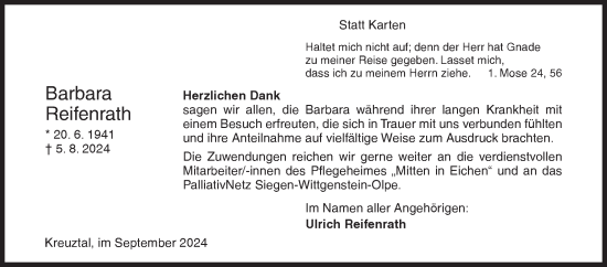 Traueranzeige von Barbara Reifenrath von Siegener Zeitung