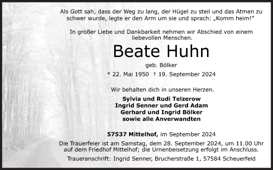 Traueranzeige von Beate Huhn von Siegener Zeitung