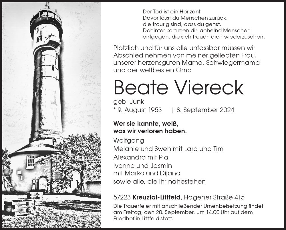  Traueranzeige für Beate Viereck vom 18.09.2024 aus Siegener Zeitung
