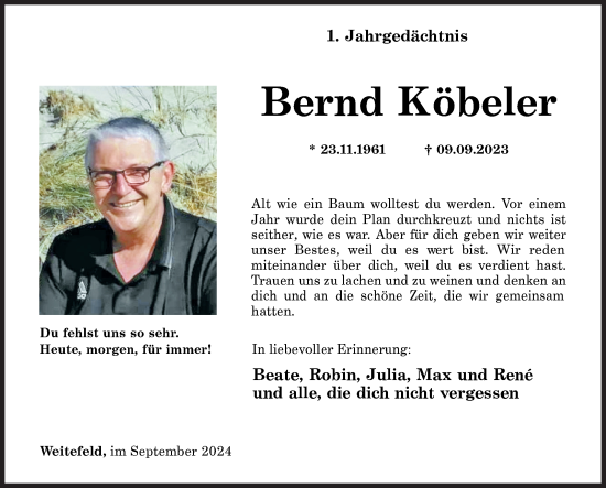 Traueranzeige von Bernd Köbeler von Siegener Zeitung