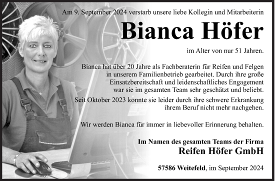 Traueranzeige von Bianca Höfer von Siegener Zeitung