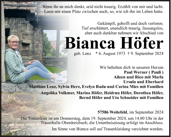 Traueranzeige von Bianca Höfer von Siegener Zeitung