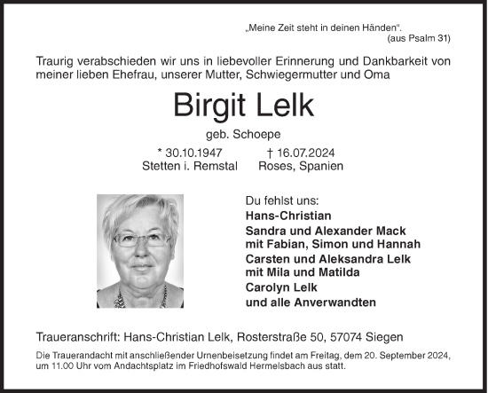 Traueranzeige von Birgit Lelk von Siegener Zeitung