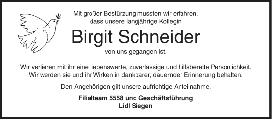 Traueranzeige von Birgit Schneider von Siegener Zeitung