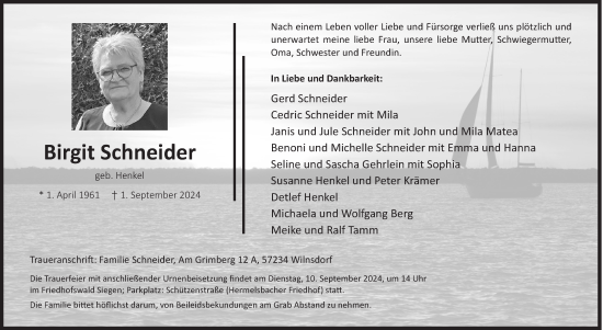 Traueranzeige von Birgit Schneider von Siegener Zeitung
