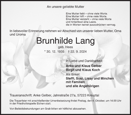 Traueranzeige von Brunhilde Lang von Siegener Zeitung